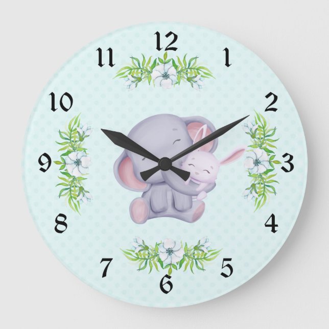 Cute Grey Elephant And White Bunny Rabbit Large Clock (Front)