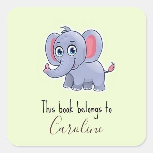 Cute grey elephant green square sticker (Front)