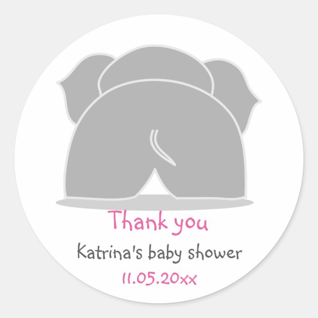 Cute Grey Elephant Pink Baby Shower Thank You Classic Round Sticker (Front)