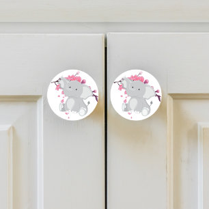 Cute Grey Elephant Pink Japanese Cherry Blossoms Ceramic Knob