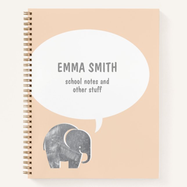 Cute Grey Elephant Speech Bubble Pale Orange Kid Notebook (Front)