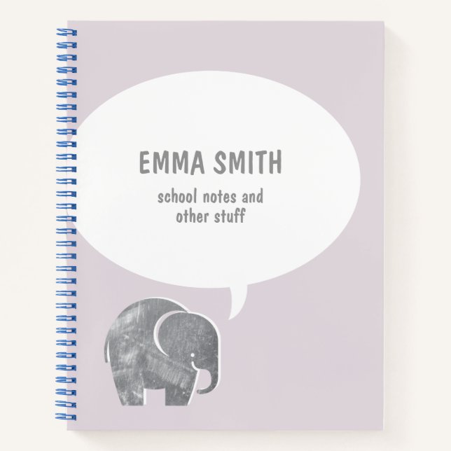 Cute Grey Elephant Speech Bubble Soft Purple Kid  Notebook (Front)