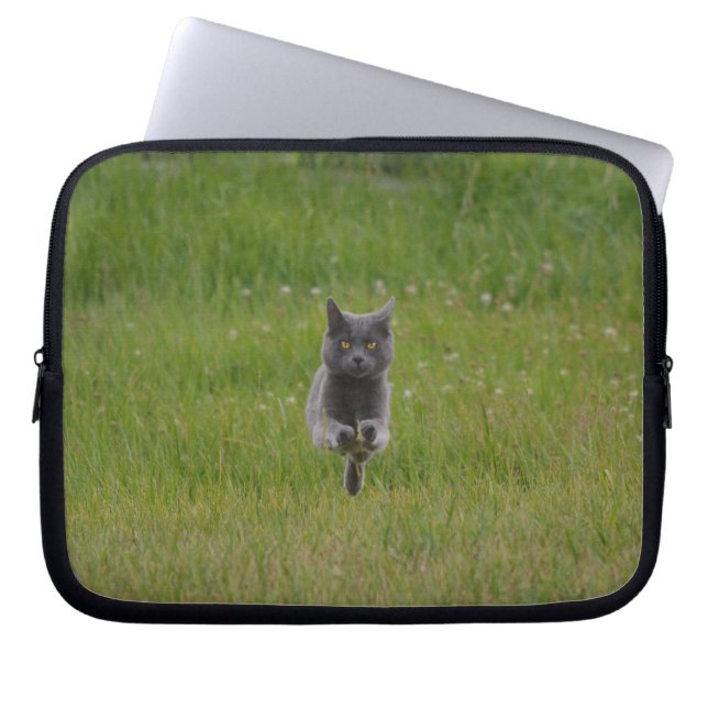 Cute Grey Farm Cat Racing Across Green Grass Photo Laptop Sleeve (Front)