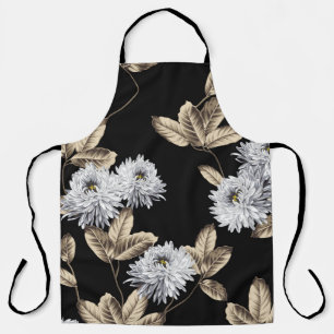 cute grey flowers with brown leaf pattern on black apron