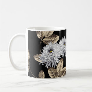cute grey flowers with brown leaf pattern on black coffee mug