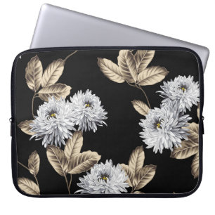 cute grey flowers with brown leaf pattern on black laptop sleeve