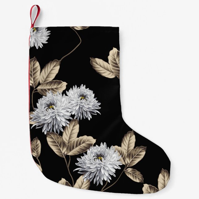 cute grey flowers with brown leaf pattern on black small christmas stocking (Front)