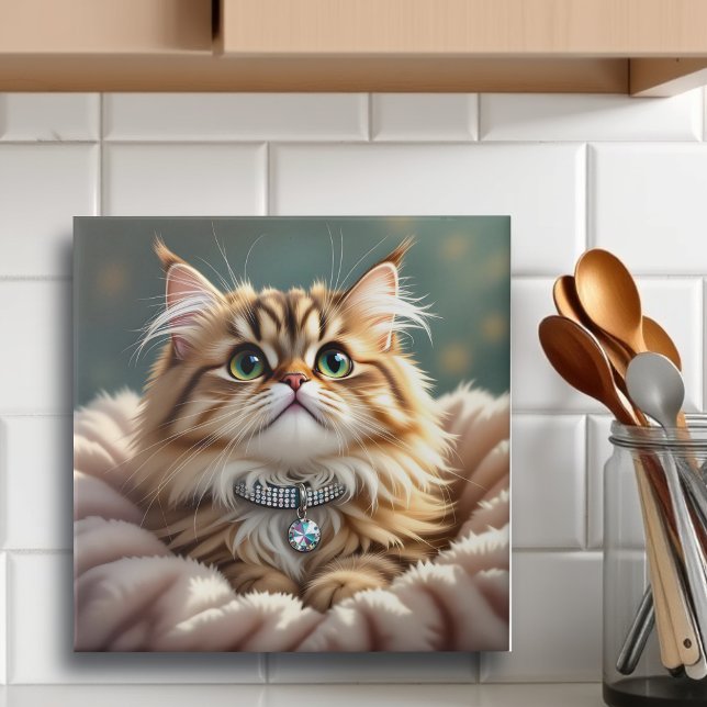 Cute Grey Fluffy Tabby Cat with Diamond Collar Ceramic Tile (Creator Uploaded)