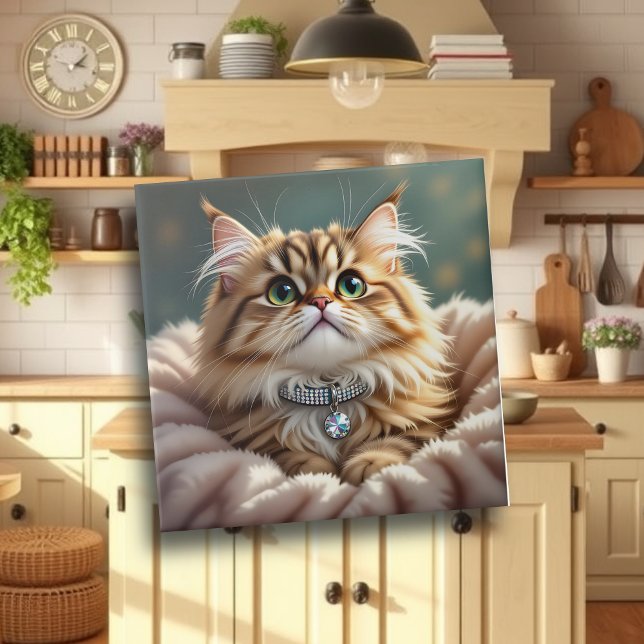 Cute Grey Fluffy Tabby Cat with Diamond Collar Ceramic Tile (Creator Uploaded)