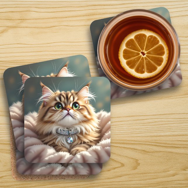 Cute Grey Fluffy Tabby Cat with Diamond Collar Coaster (Creator Uploaded)