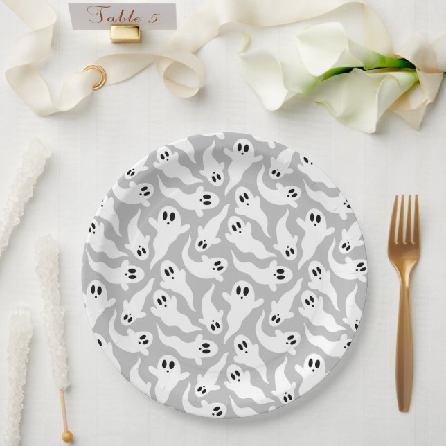 Cute Grey Ghost Halloween Pattern Paper Plate (Wedding)