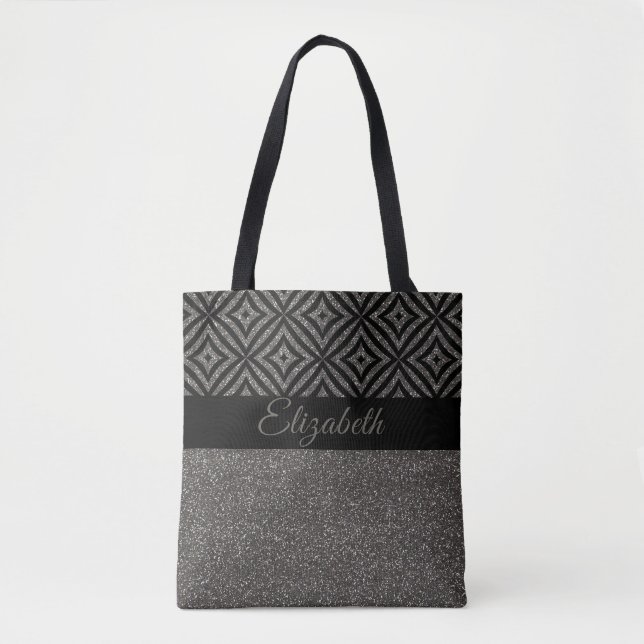 Cute Grey Glitter Black Pattern Pesonalized Tote Bag (Front)