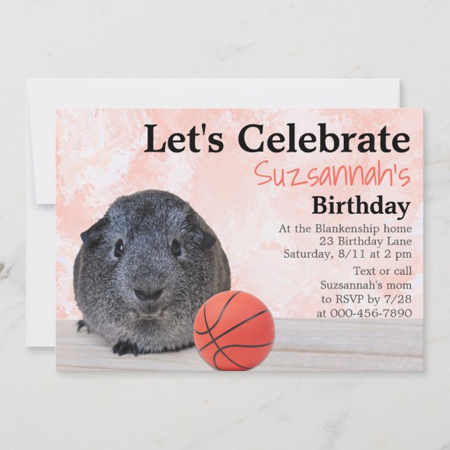 Cute Grey Guinea Pig Basketball Custom Party Invitation (Front)