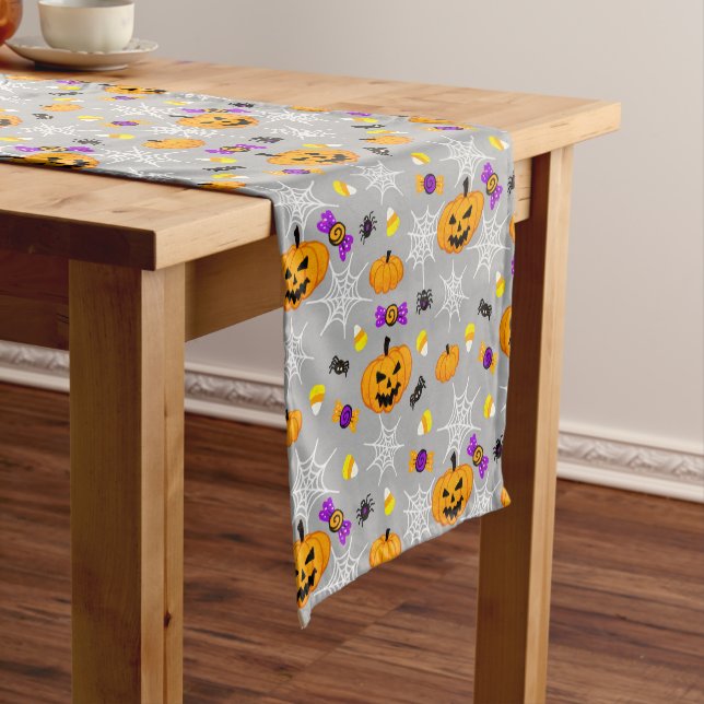 Cute Grey Halloween Pattern Short Table Runner (In Situ)