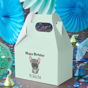 Cute grey happy birthday custom name pug dog blue favour box
