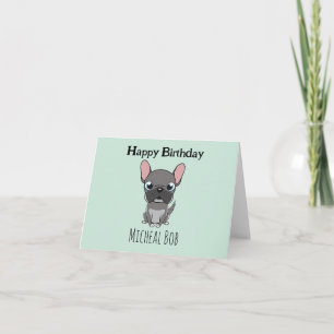 Cute grey happy birthday custom name pug dog blue thank you card