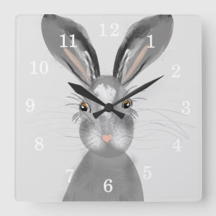 Cute Grey Hare Whimsy Illustration Square Wall Clock