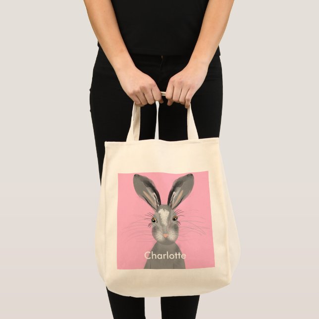 Cute Grey Hare Whimsy Illustration Tote Bag (Front (Product))