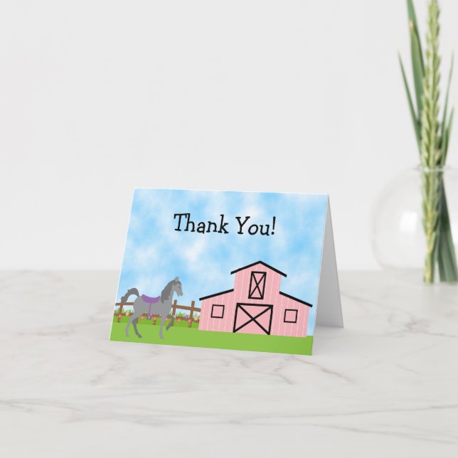 Cute Grey Horse and Pink Barn Thank You Cards (Front)