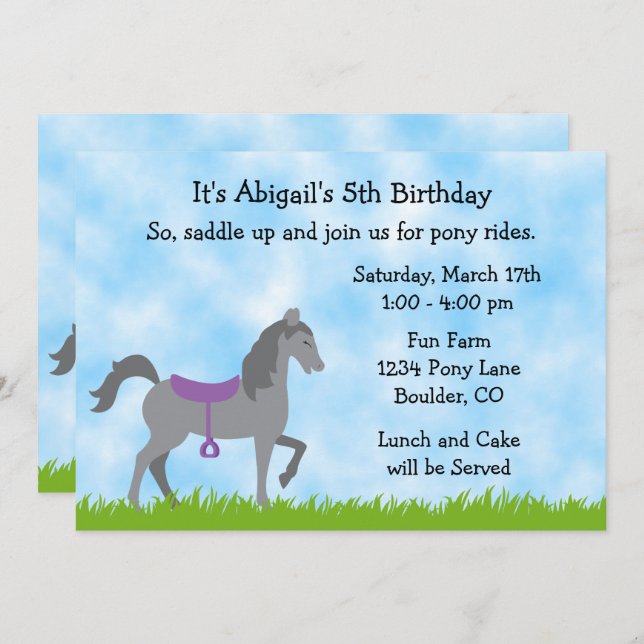 Cute Grey Horse Pony Rides Horse Birthday Party Invitation (Front/Back)