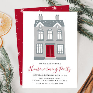 Cute Grey House With Red Door Holiday Housewarming Invitation