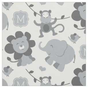 Cute Grey Jungle Animals Baby Monogram Fabric
