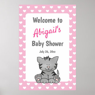 Cute Grey Kitten and Hearts Girl Baby Shower Poster