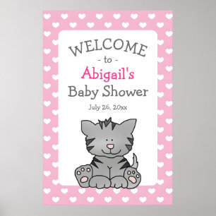 Cute Grey Kitten and Hearts Girl Baby Shower Poster