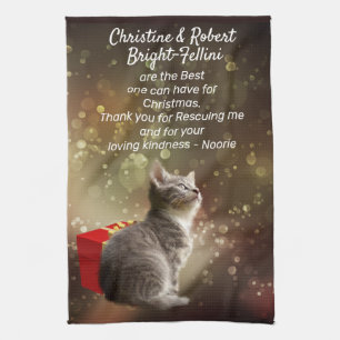 Cute grey Kitten and red box festive custom Xmas Tea Towel