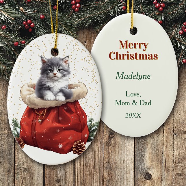 Cute Grey Kitten Christmas Gift Bag Ceramic Ornament (Creator Uploaded)