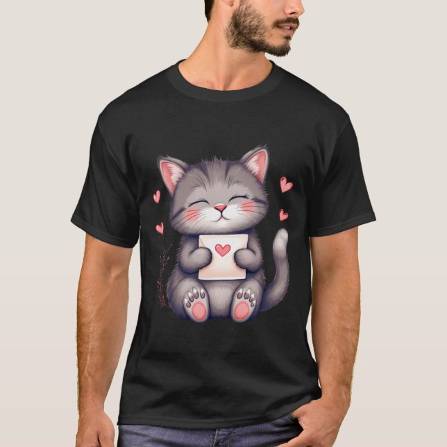 Cute Grey Kitten Holding Love Letter ✨🐾💌 T-Shirt (Front)