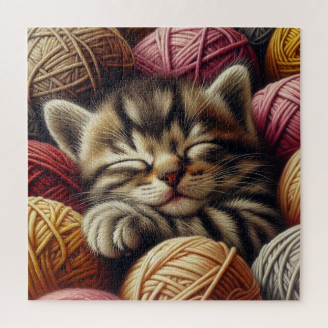 Cute Grey Kitten Napping in Balls of Yarn Jigsaw Puzzle (Vertical)