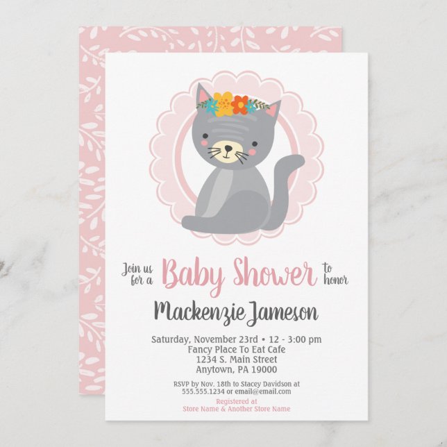 Cute Grey Kitten Pink Girls Baby Shower Invitation (Front/Back)