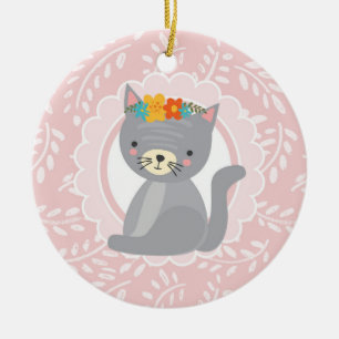 Cute Grey Kitten Pink White Cat Ceramic Ornament