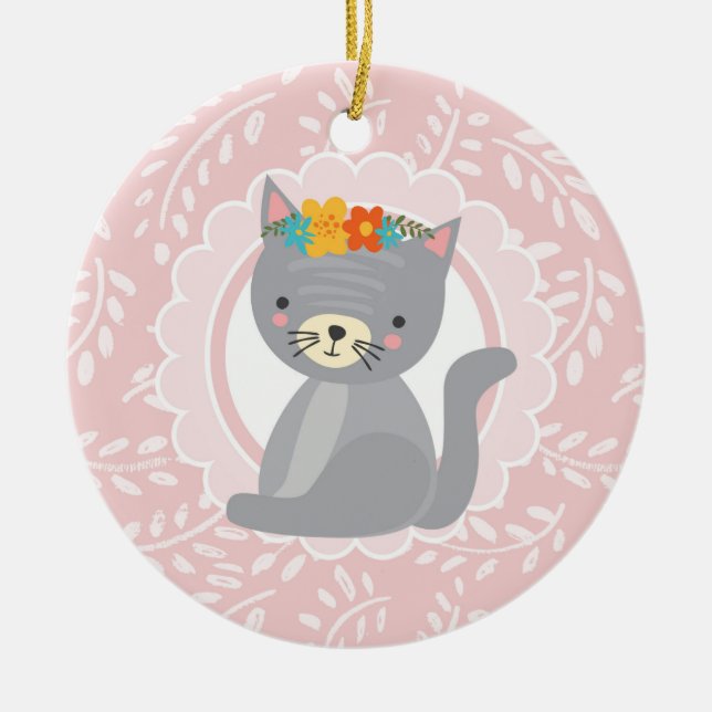 Cute Grey Kitten Pink White Cat Ceramic Ornament (Front)