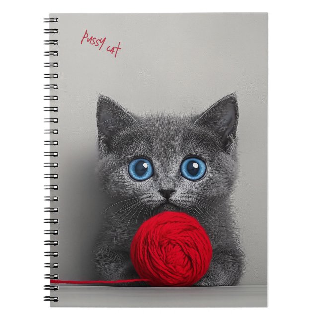 Cute Grey Kitten Playing with Red Wool Ball Notebook (Front)