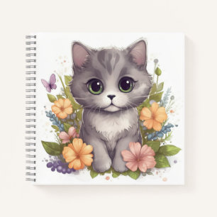 Cute Grey Kitten with Spring Flowers Notebook