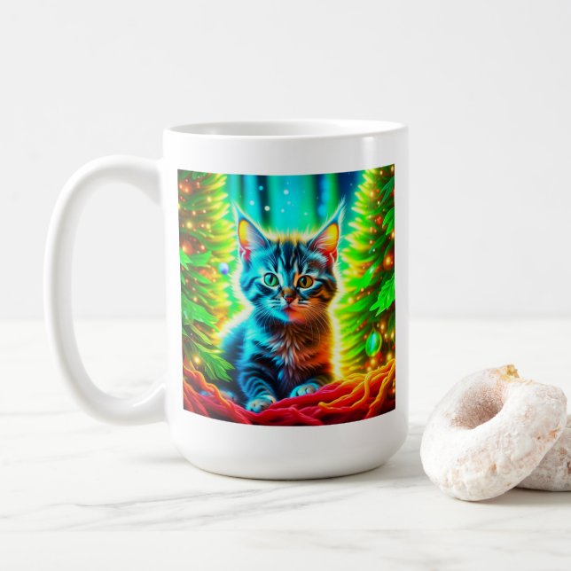 Cute Grey Kittens with Christmas Trees Coffee Mug (With Donut)