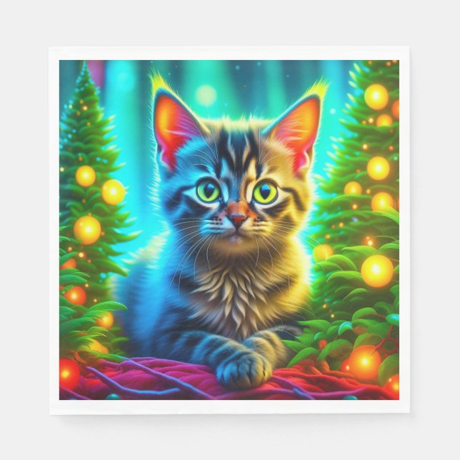 Cute Grey Kittens with Christmas Trees Napkin (Front)