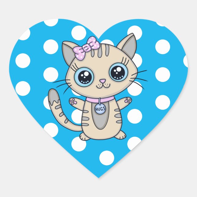 Cute Grey Kitty Cat Blue Polka Dot personalised Heart Sticker (Front)