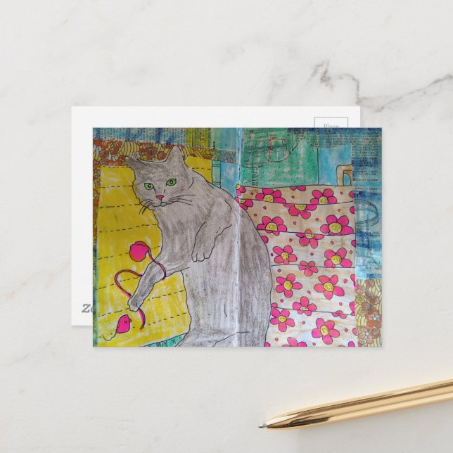 Cute Grey Kitty mixed media collage Postcard (Front/Back In Situ)