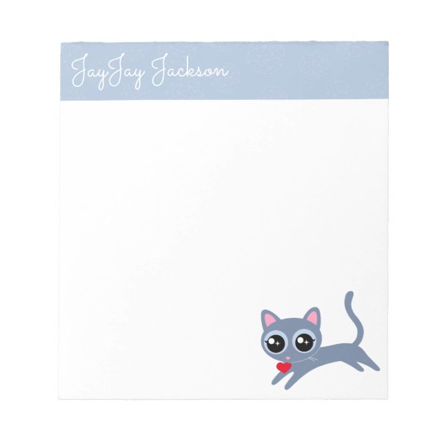 Cute Grey Kitty with a Heart Personalised Notepad (Front)