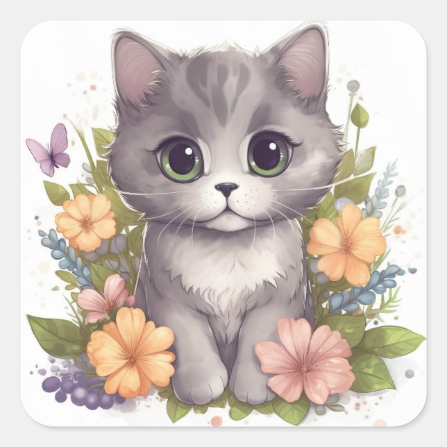 Cute Grey Kitty with Flowers Chibi Kawaii Square Sticker (Front)