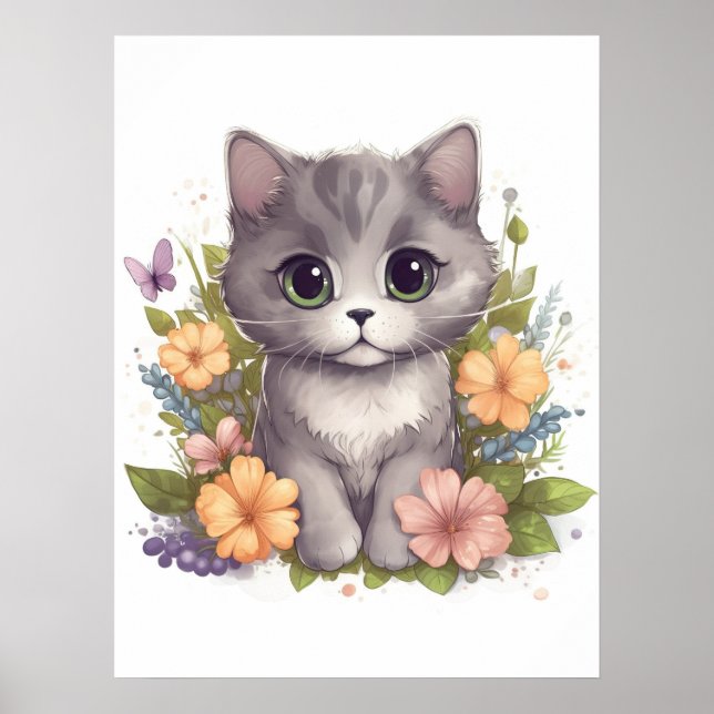 Cute Grey Kitty with Flowers Kawaii Chibi Poster (Front)