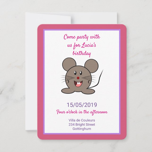 Cute grey mouse birthday party invitation (Front)