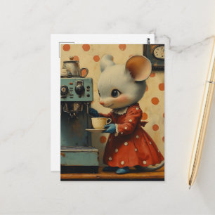 Cute Grey Mouse Makes Coffee Postcard