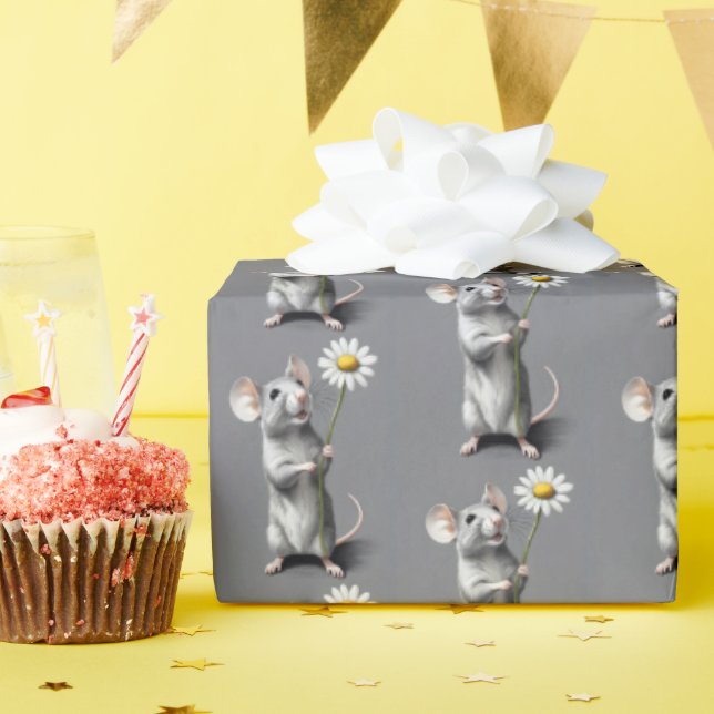 Cute Grey Mouse With White Daisy Wrapping Paper (Birthday Party)