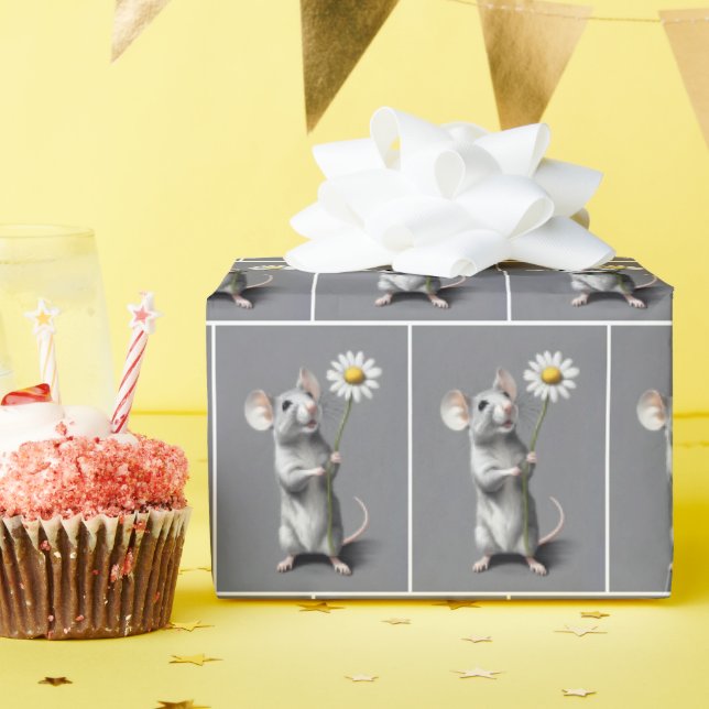 Cute Grey Mouse With White Daisy Wrapping Paper (Birthday Party)