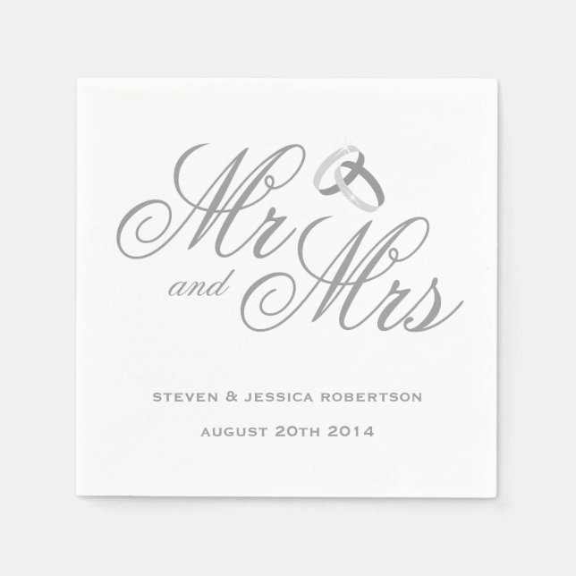 Cute grey Mr and Mrs paper wedding napkins (Front)