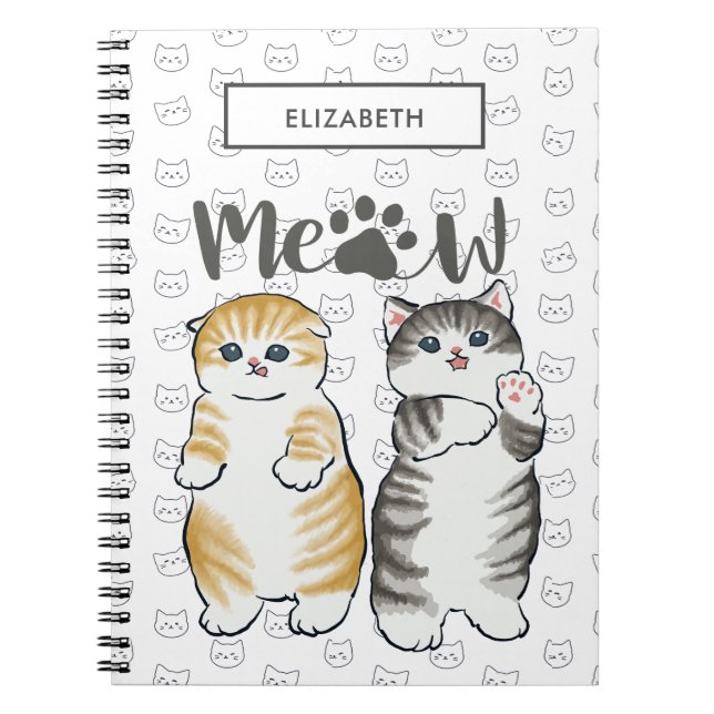 Cute grey & orange cats with cat paw print pattern notebook (Front)